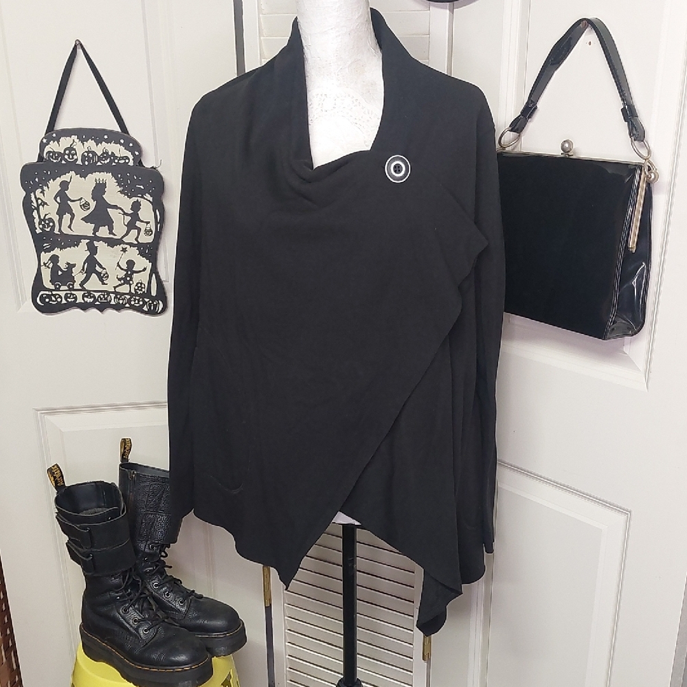 Cable & Gauge Black Wrap Cardigan with Button Detail Goth Lagenlook